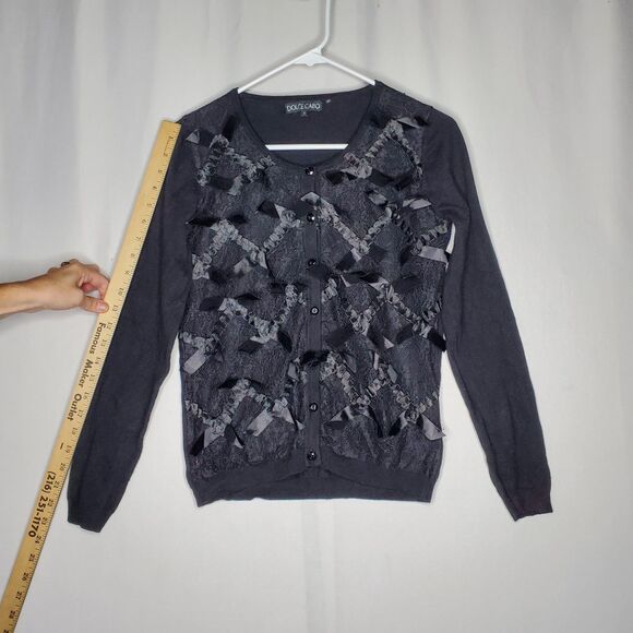 Dolce Cabo Cardigan Womens Small Black Lace Ribbon Bows Whimsigoth Grunge Y2K - Picture 8 of 10